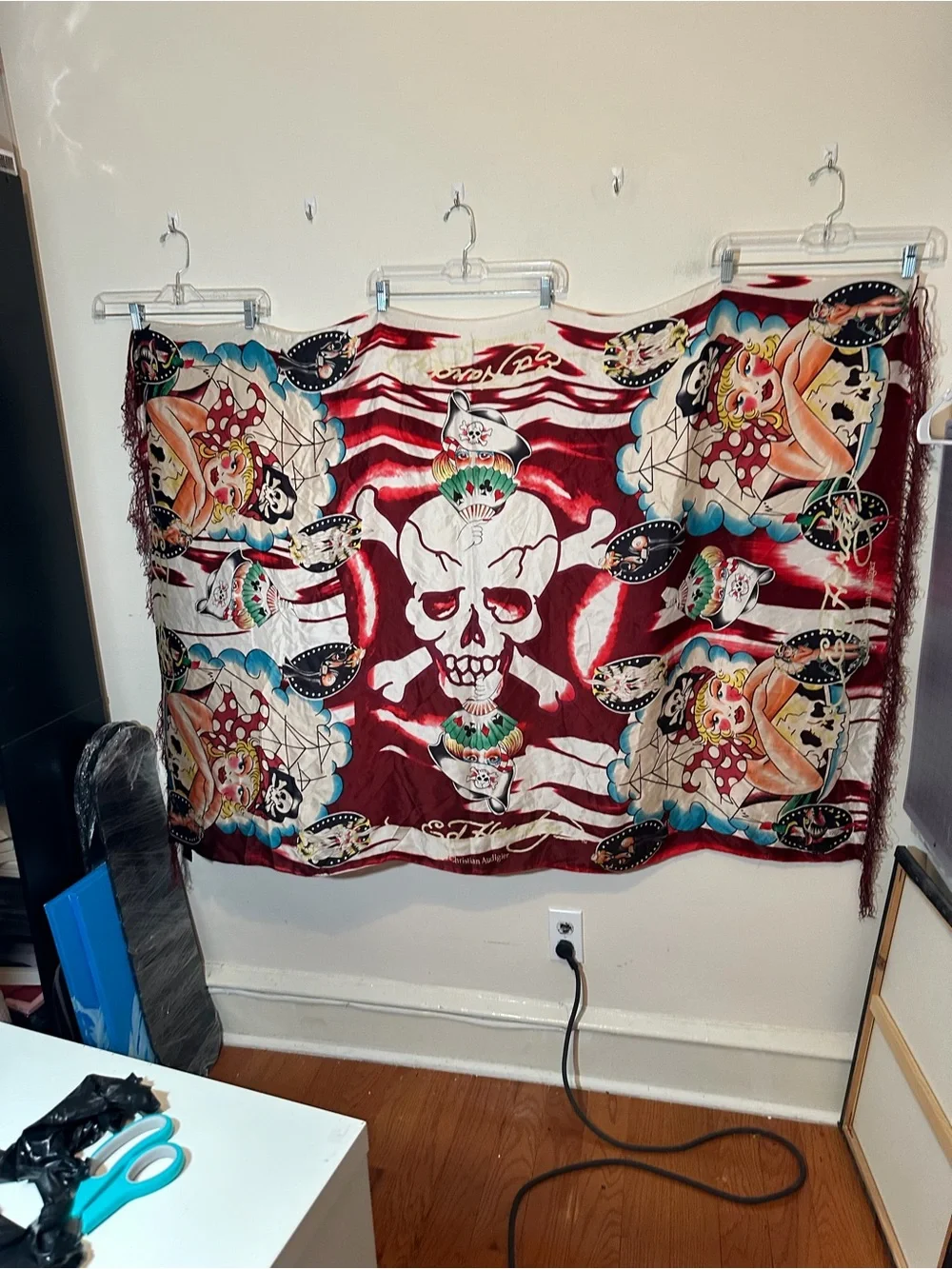 Ed Hardy Pirate Skull Pin Up Oversized Fringe Scarf Wrap 41